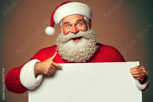 Smiling Santa Claus pointing on blank advertisement banner background with copy space © Rarity Asset Club