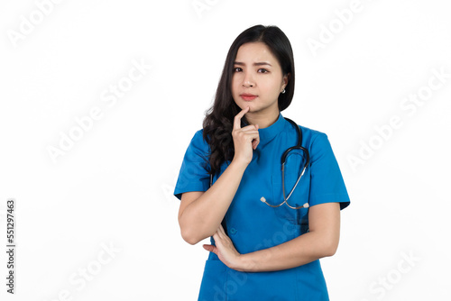 Bad luck, Medical nurse character woman hospital worker, Young confident Asian woman nurse hospital worker in blue clothing isolated on white background.