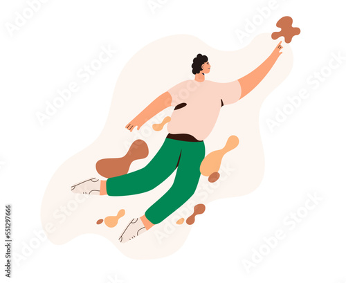 Happy young man fly to target. Freedom of mental health. Man in flat style. Vector illustration concept