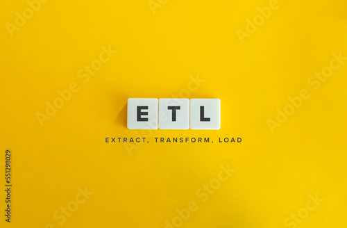 Extract, Transform, Load (ETL) Banner. Letter Tiles on Yellow Background. Minimal Aesthetics.