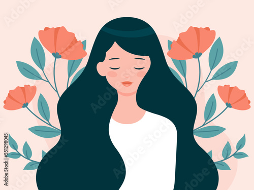 Young woman with long hair in flowers