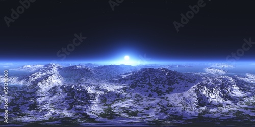Mountain landscape, sunrise in the mountains, HDRI, environment map , Round panorama, spherical panorama, equidistant projection, panorama 360, 3d rendering