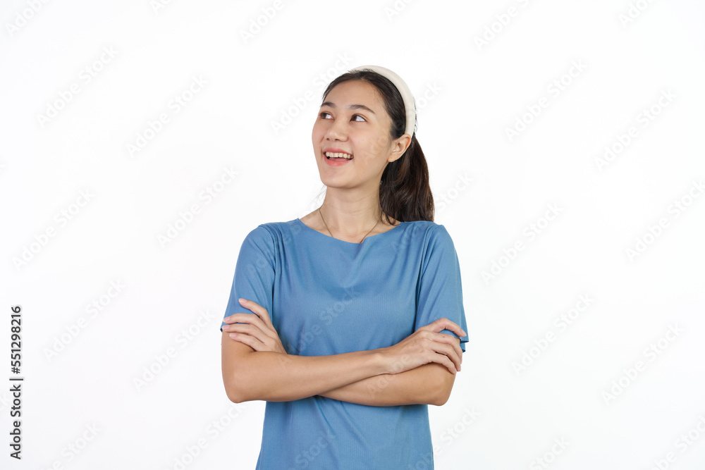 Beautiful Asian woman in blue t-shirt isolated on white background. Beautiful Asian woman in blue t-shirt isolated on white background.