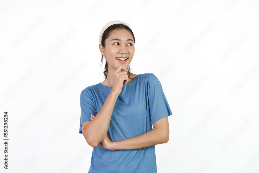 Beautiful Asian woman in blue t-shirt isolated on white background. Beautiful Asian woman in blue t-shirt isolated on white background.