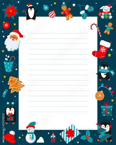 Letter template, card with Christmas characters. Christmas wish list. Dear Santa printable template for kids. Vector illustration