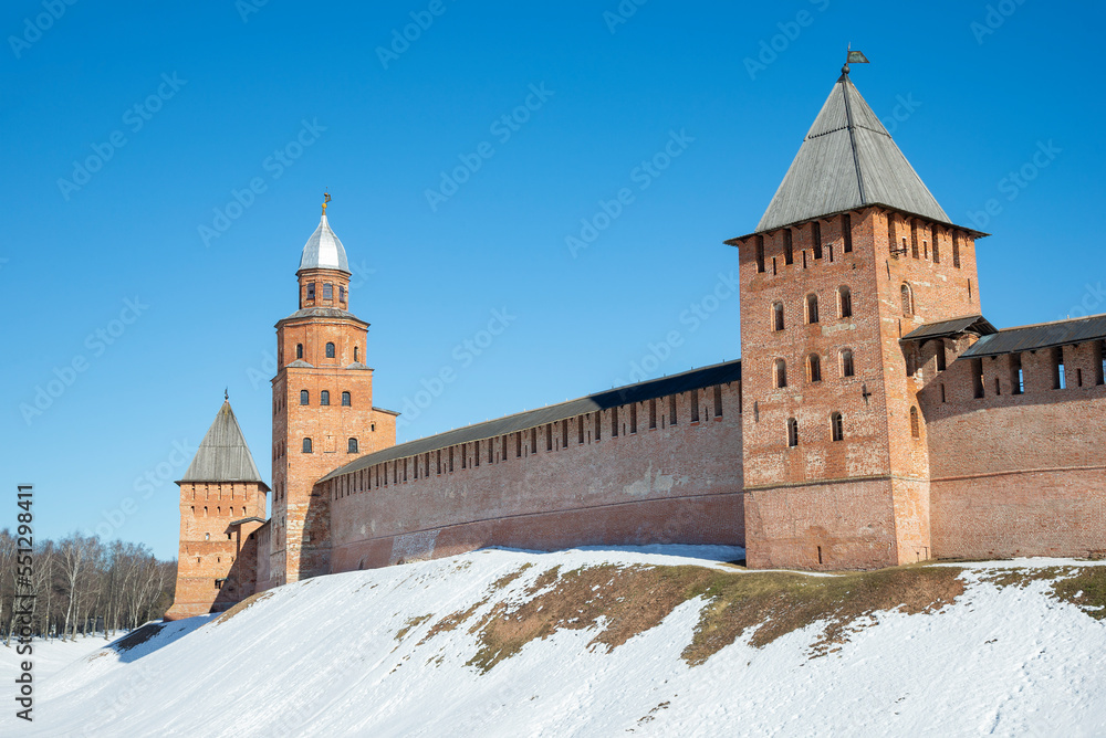 Fototapeta premium March morning at the walls with towers of the Kremlin of Veliky Novgorod. Russia