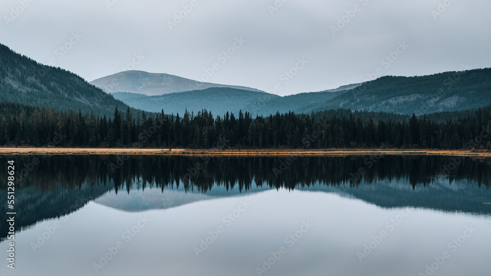 Lake in the mountains with reflection - obrazy, fototapety, plakaty 