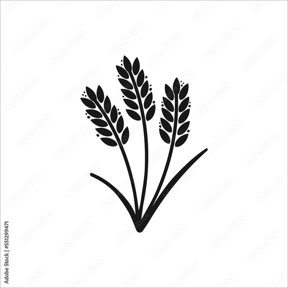Fototapeta premium Wheat ears. Barley or rice black silhouette, beer or bakery logo isolated elements, organic farm elements for label and emblem, bread packaging, decorative objects, ripe spikelets, vector illustration