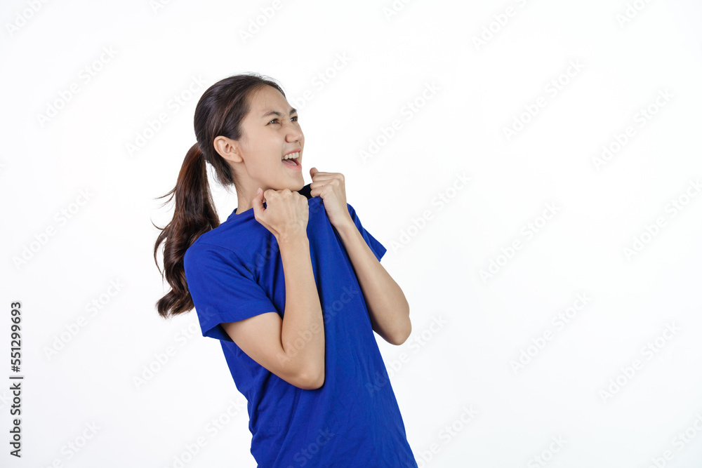 Beautiful young soccer female sport fans with blue t-shirt isolated on white background. Beautiful young soccer female sport fans with blue t-shirt isolated on white background.