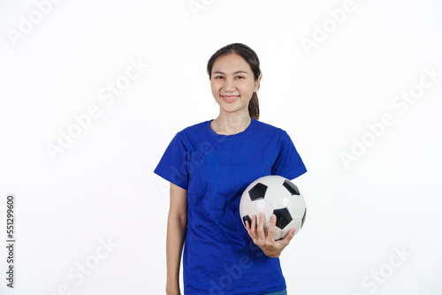 Beautiful young soccer female sport fans with blue t-shirt isolated on white background. © NanSan