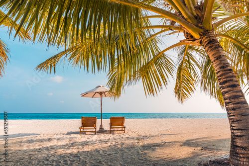Fototapeta Naklejka Na Ścianę i Meble -  Amazing beach. Chairs on the sandy beach sea. Luxury summer holiday and vacation resort hotel for tourism. Inspirational tropical landscape. Tranquil scenery, relax beach, beautiful landscape design
