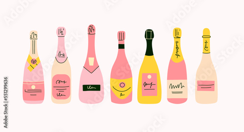 Champagne bottle set. Cartoon modern pink wine. Doodle drawing contemporary card or poster. Alcoholic drink for celebration new year, wedding and birthday. Festive party beverage, vector isolated set