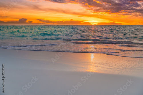 Closeup sea sand beach. Beautiful beach landscape. Inspire tropical beach seascape horizon. Dreamy sunset sky calm tranquil relax sunset summer mood. Positive energy, meditation summer tropical island © icemanphotos