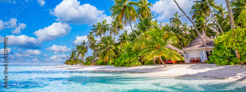 Paradise island pristine beach. Tropical panoramic landscape summer scenery, sea sand sky palm trees. Luxury travel vacation destination. Exotic beach landscape. Amazing nature relax freedom panorama
