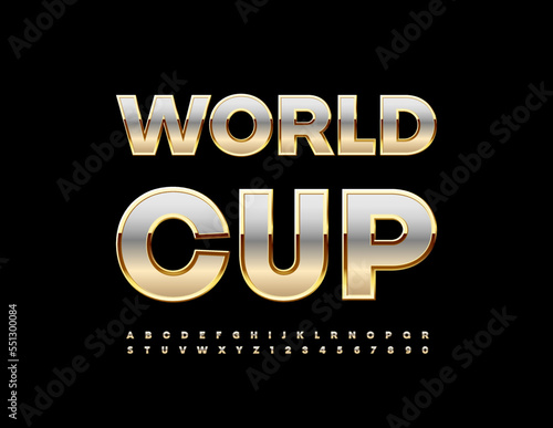 Vector metallic emblem World Cup. Steel and Golden chic Font. Artistic Alphabet Letters, Numbers and Symbols