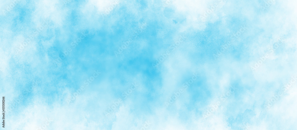 Beautiful cloudscape with natural white tiny clouds, shiny and bright colorful watercolor shades blue sky background, Blue sky background and white blurry, clear, and puffy clouds.