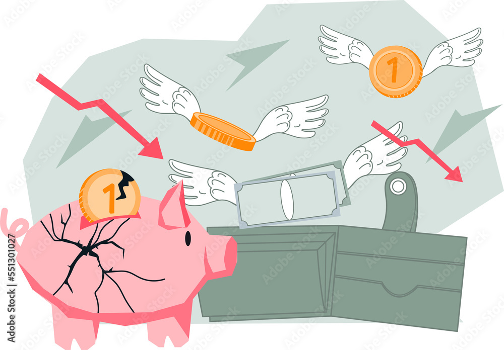 Fototapeta premium Bankruptcy, financial crisis and high inflation concept with broken piggy bank and empty wallet. Loosing savings and money, finance crash symbol.
