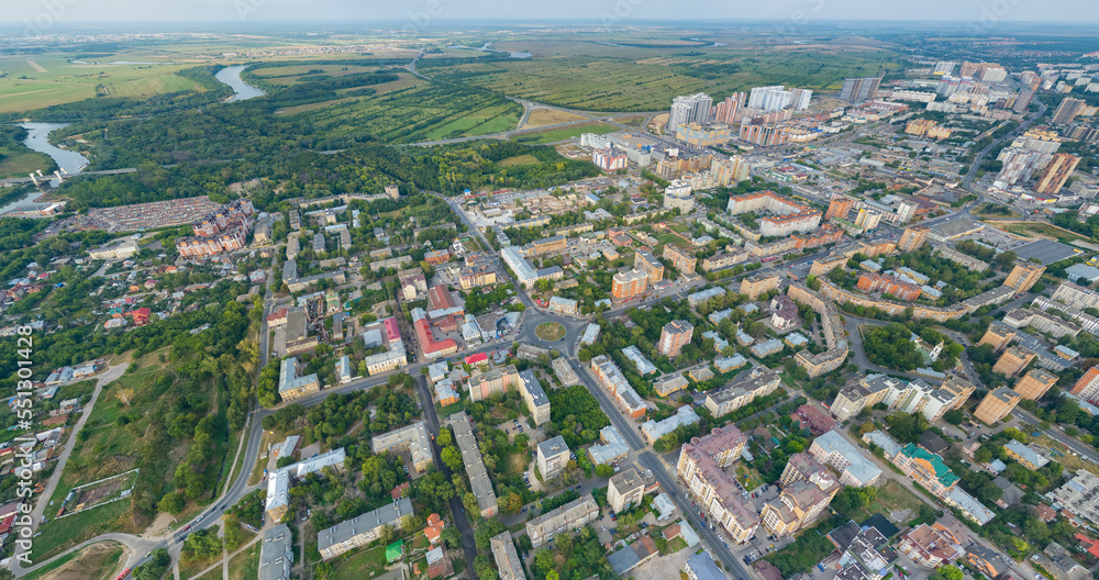 Ryazan, Russia. Panoramic view of the city from the air. River Oka. Aerial view