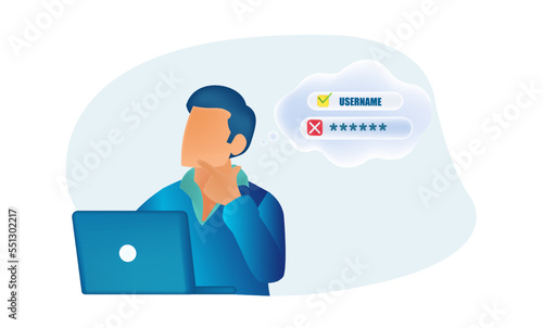 Vector of a man looking confused, forgot his password, laptop login, access denied