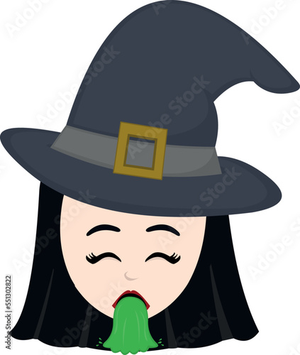 vector illustration of the face of a cartoon witch throwing up