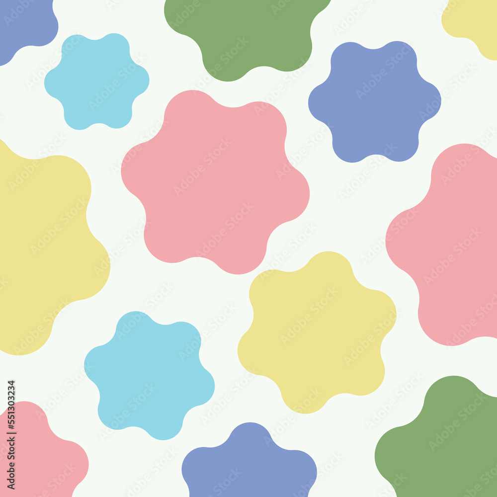 Vector fabric pattern illustration white background abstract unbalance curve patterns flower shape blue yellow pink pastel color different size flower seamless pattern illustration wallpaper abstract.