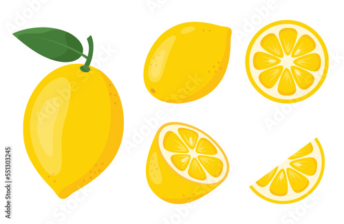 Cartoon illustrations of fresh ripe lemon. Whole and sliced citrus set. Organic fruits theme. Vector illustration isolated on white background. 