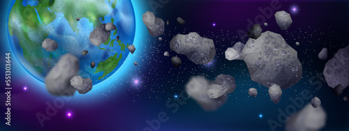 Space Earth cosmic rocks cartoon game background, alien planets, vector galaxy universe banner. Fantasy neon astronomy illustration, night sky, purple futuristic wallpaper. Space background