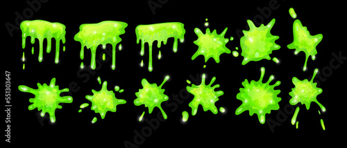 Slime vector set, dripping green Halloween splat, 3D jelly cartoon mucus kit, liquid toxic drop. Poison sticky goo, paint splash blot, transparent spooky radioactive blob. Green slime horror clipart