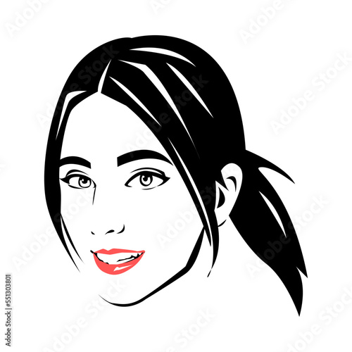 portrait of a beautiful woman's face. ponytail hairstyle. smile. red lips. silhouette logo vector. black and white. isolated white background.