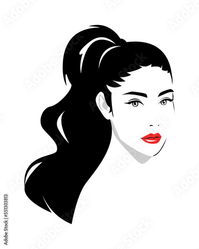 beautiful woman portrait wavy hair ponytail. red lips. silhouette vector. isolated white background.