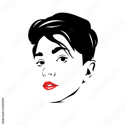 portrait of beautiful woman with short hair. red lips. silhouette vector. isolated white background.