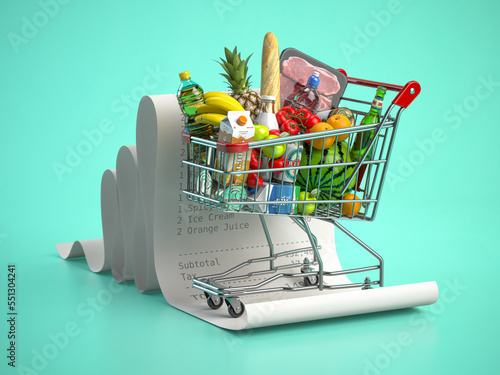Fototapeta Shopping cart with foods on receipt