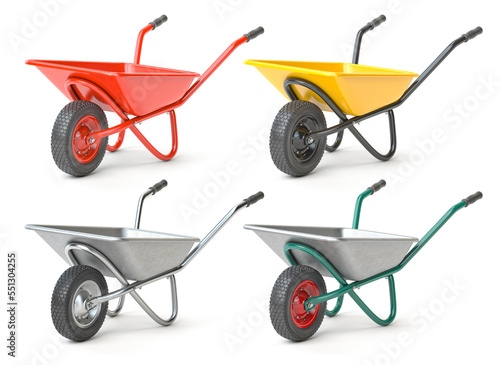 Leinwand Poster Set of wheelbarrow of different colors isolated on white.