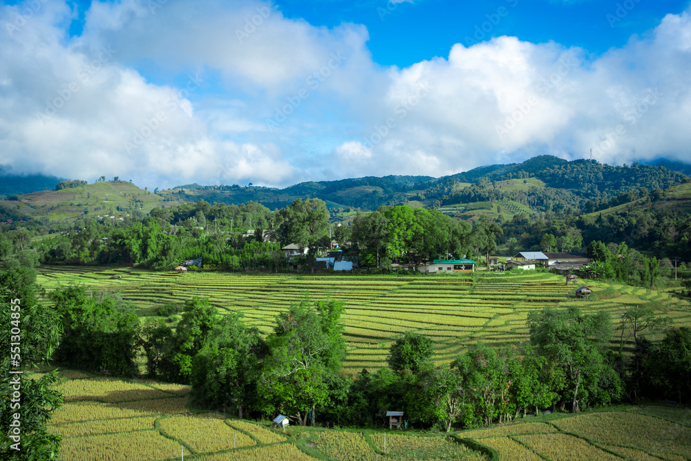 Obraz premium landscape of farm with hills and blue sky