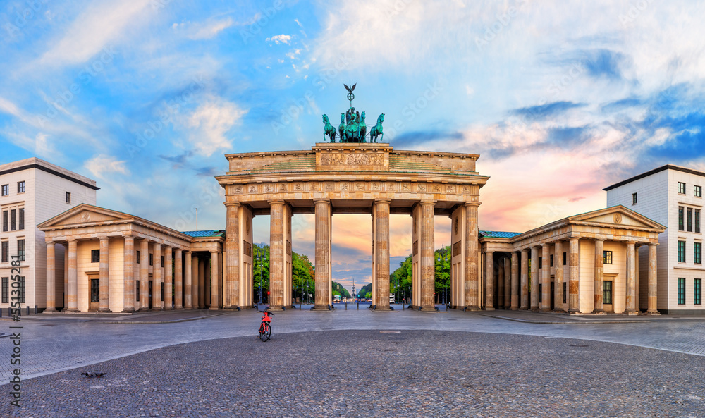 Brandenburg Gate or Brandenburger Tor at sunset, panoramic view, Berlin, Germany