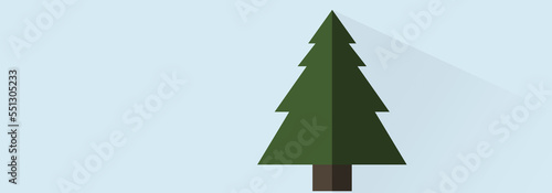 Big Green Christmas Tree with Shadow on Light Blue Backgrounds whth Empty Space. Paper Style