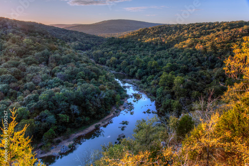 A view of the St. Francis River from Lee Bluff at dusk in Madison County Missouri 