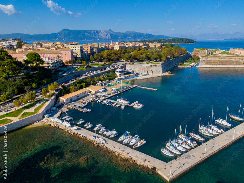 drone view of corfu town with Old Fortress in background in corfu Greece