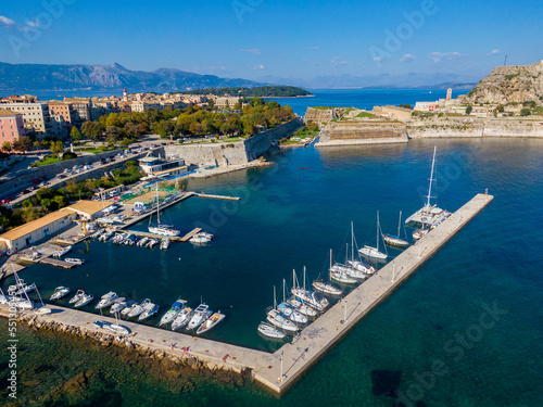 drone view of corfu town with Old Fortress in background in corfu Greece