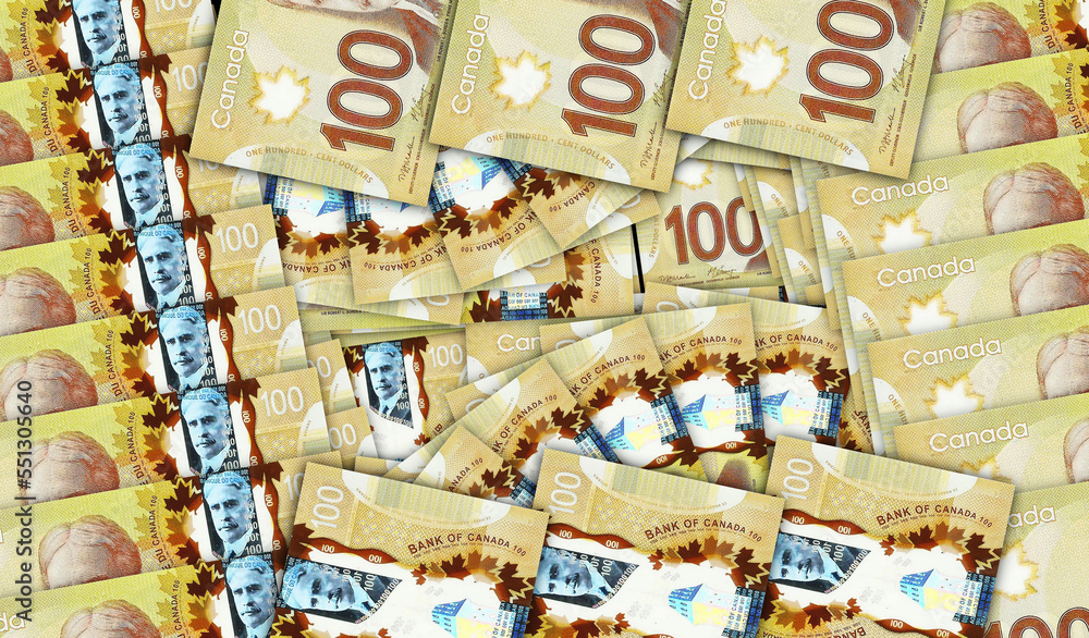 Fototapeta premium Canada Dollar 100 banknotes in a fan mosaic pattern 3d illustration