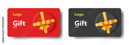 Gift card voucher with round black and red gift box top view with golden ribbon, isolated template
