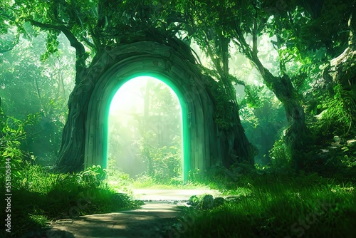 Raster illustration of tunnel in the forest of trees with shining light at the end. Passage through the dense forest, natural wonders, wild, portal to another world, courtship of nature. AI 