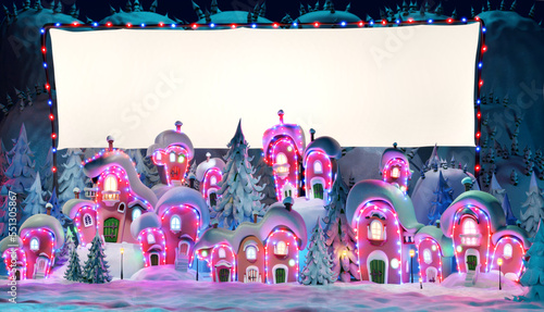 Fantasy village at winter with big banner for your text. Christmas scene at night.	