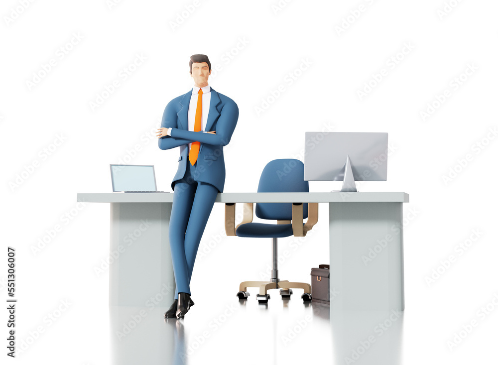 Successful businessman works with laptop by his desk. 3D rendering illustration Successful businessman works with laptop by his desk. 3D rendering illustration