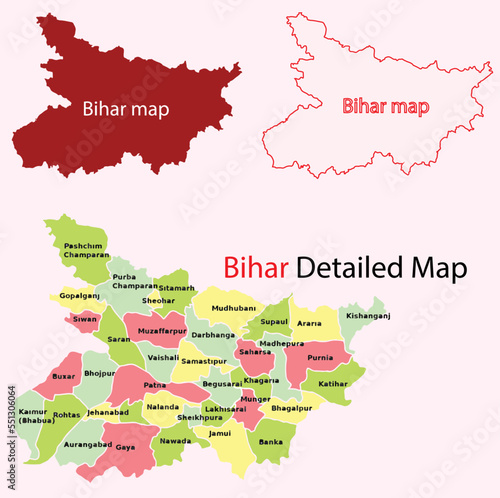 Bihar line state map, Bihar map vector, Bihar border map, Bihar detailed map vector photo