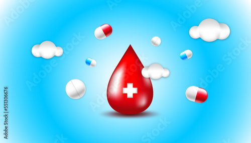 Medicine and blood drop background for healthcare, pharmacy and science purposes