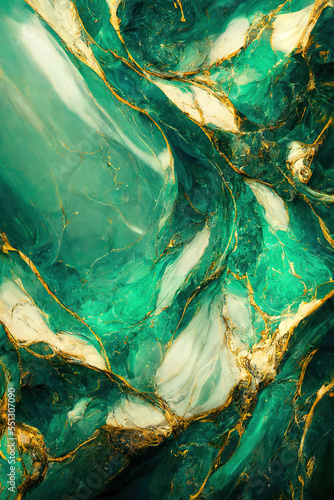 Green and gold marble background. Fluid art modern wallpaper.