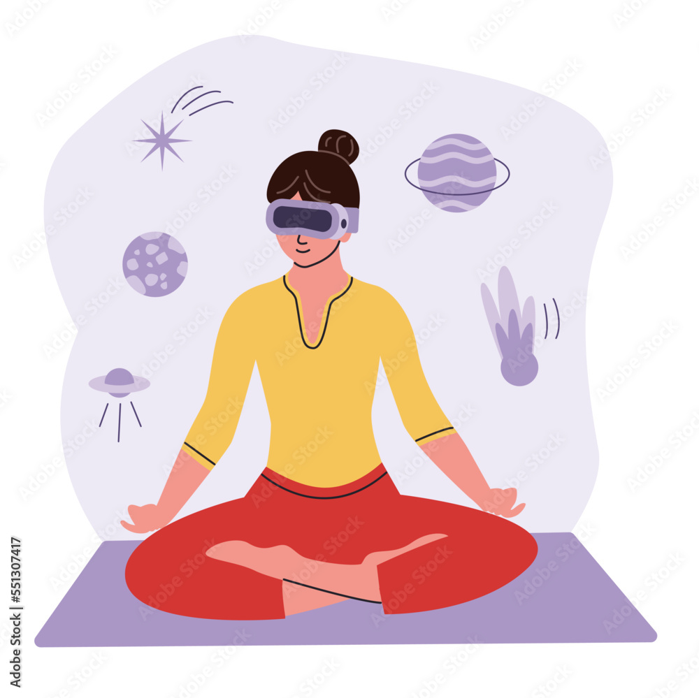 Person in VR headset and virtual reality experience. A woman in the lotus position exploring cyber space.