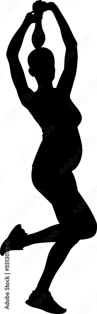 Silhouette of a pregnant woman standing wearing leggings and a top. Vector flat style illustration isolated on white. Full-length view