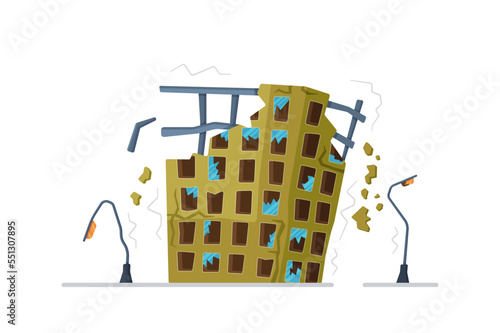 Vector illustration of building earthquakes. Destroyed city buildings, roads, streetlights. Consequences of a natural disaster or cataclysm. Green apartment building with broken windows, broken corner